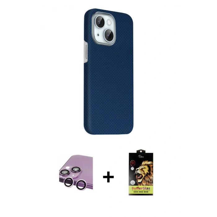 MARSİLYAN™- iPhone 14 Kılıf Kozmos Klasik Prime - Siyah Buffer Cam Ekran Koruyucu + Raze Metal Kamera Lens - MR