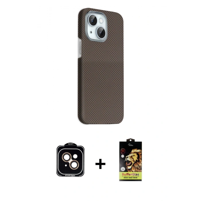 MARSİLYAN™- iPhone 14 Kılıf Kozmos Klasik Prime - Siyah Buffer Cam Ekran Koruyucu + PVD Metal Kamera Lens - TU