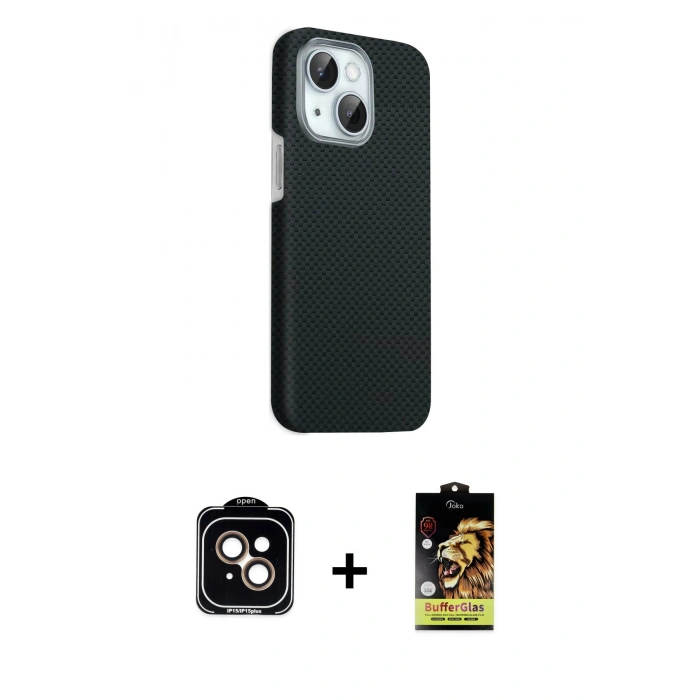 MARSİLYAN™- iPhone 14 Kılıf Kozmos Klasik Prime - Siyah Buffer Cam Ekran Koruyucu + PVD Metal Kamera Lens - TU