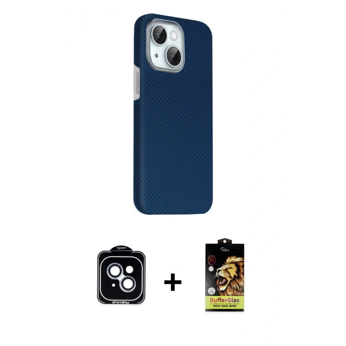 MARSİLYAN™- iPhone 14 Kılıf Kozmos Klasik Prime - Siyah Buffer Cam Ekran Koruyucu + PVD Metal Kamera Lens - MI