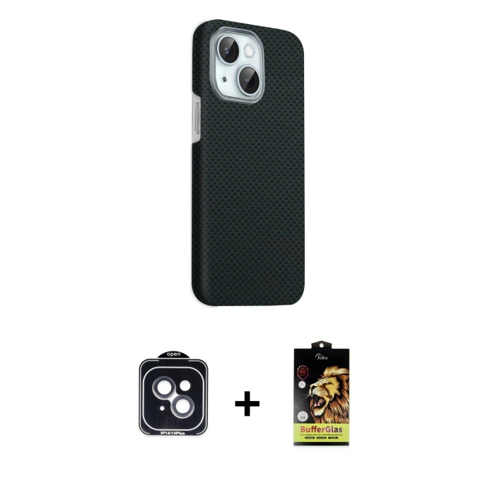 MARSİLYAN™- iPhone 14 Kılıf Kozmos Klasik Prime - Siyah Buffer Cam Ekran Koruyucu + PVD Metal Kamera Lens - SH