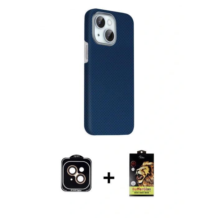MARSİLYAN™- iPhone 14 Kılıf Kozmos Klasik Prime - Siyah Buffer Cam Ekran Koruyucu + PVD Metal Kamera Lens - TU