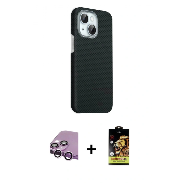 MARSİLYAN™- iPhone 14 Kılıf Kozmos Klasik Prime - Siyah Buffer Cam Ekran Koruyucu + Raze Metal Kamera Lens - MR