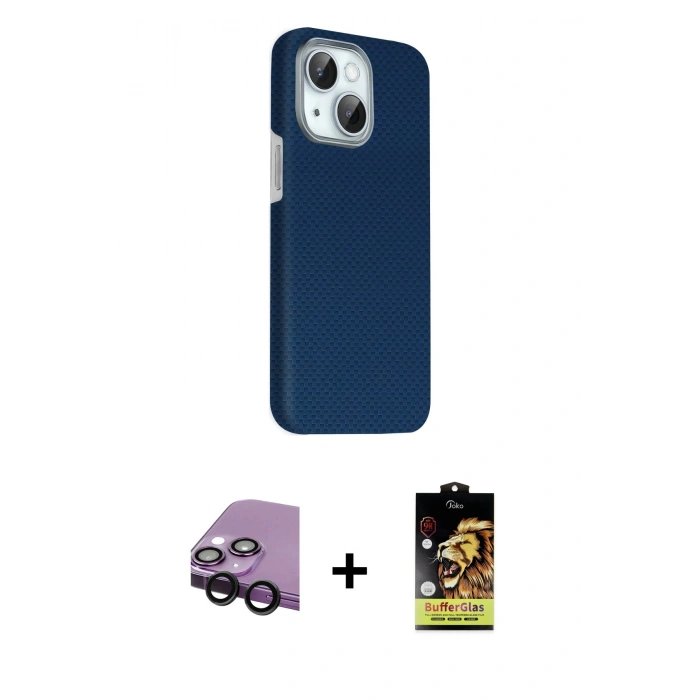 MARSİLYAN™- iPhone 14 Kılıf Kozmos Klasik Prime - Siyah Buffer Cam Ekran Koruyucu + Raze Metal Kamera Lens - SH
