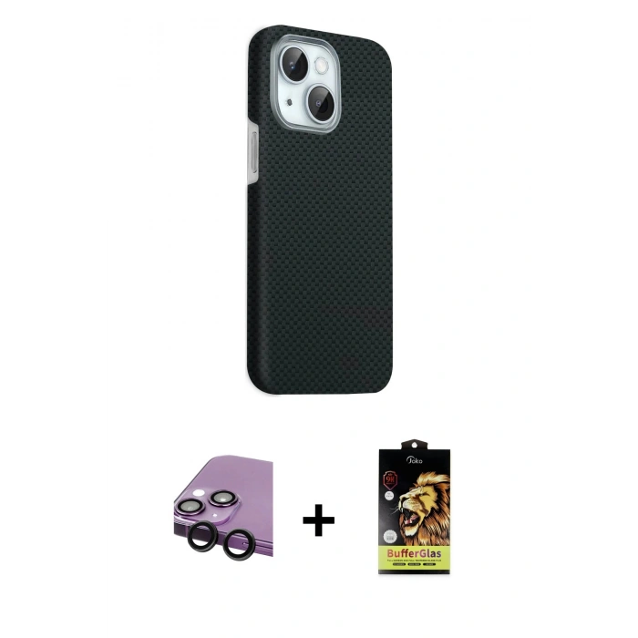 MARSİLYAN™- iPhone 14 Kılıf Kozmos Klasik Prime - Siyah Buffer Cam Ekran Koruyucu + Raze Metal Kamera Lens - SH
