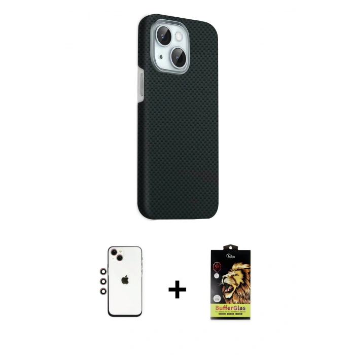 MARSİLYAN™- iPhone 14 Kılıf Kozmos Klasik Prime - Siyah Buffer Cam Ekran Koruyucu + Shine Kamera Lens - GI