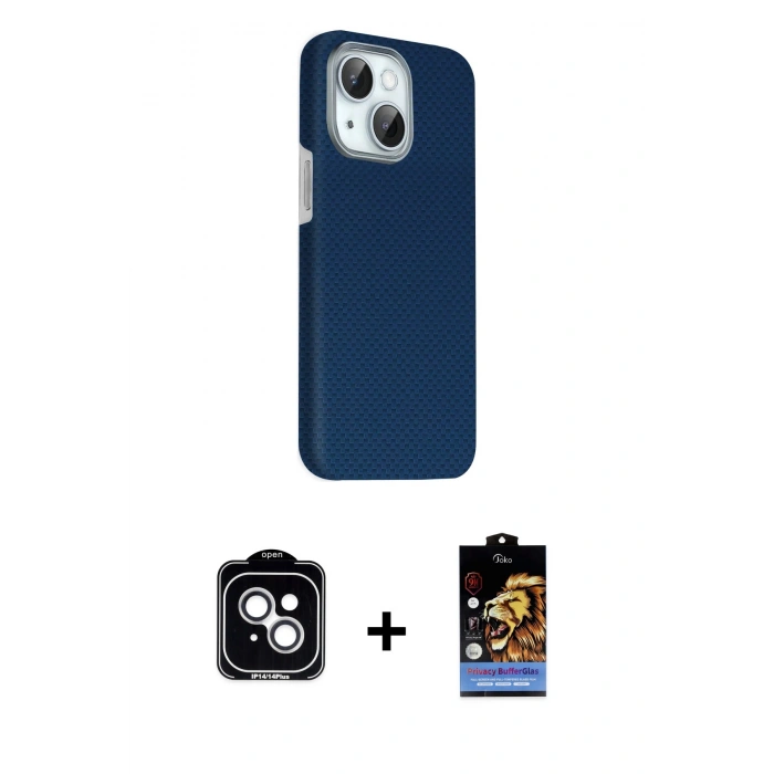 MARSİLYAN™- iPhone 14 Kılıf Kozmos Klasik Prime - Siyah Buffer Hayalet Cam Ekran Koruyucu + PVD Metal Kamera Lens - GS
