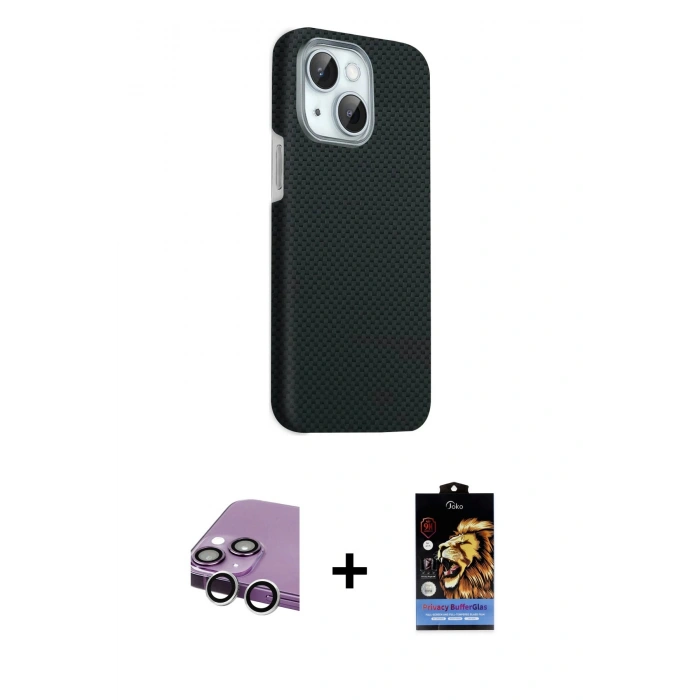 MARSİLYAN™- iPhone 14 Kılıf Kozmos Klasik Prime - Siyah Buffer Hayalet Cam Ekran Koruyucu + Raze Metal Kamera Lens - GS
