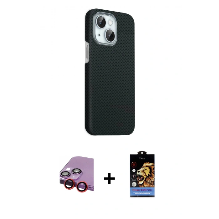 MARSİLYAN™- iPhone 14 Kılıf Kozmos Klasik Prime - Siyah Buffer Hayalet Cam Ekran Koruyucu + Raze Metal Kamera Lens - KI