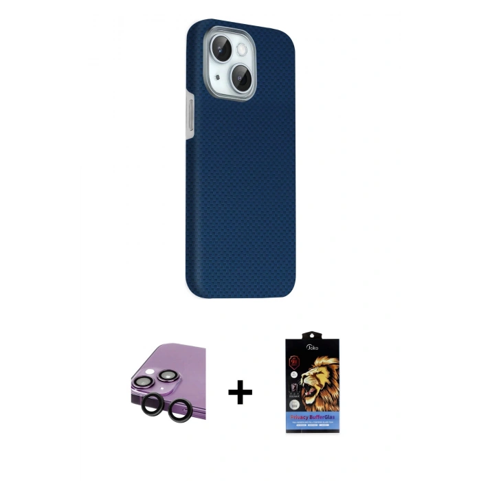 MARSİLYAN™- iPhone 14 Kılıf Kozmos Klasik Prime - Siyah Buffer Hayalet Cam Ekran Koruyucu + Raze Metal Kamera Lens - SH