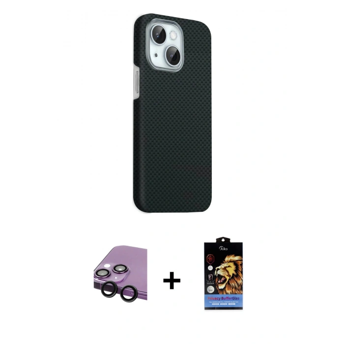 MARSİLYAN™- iPhone 14 Kılıf Kozmos Klasik Prime - Siyah Buffer Hayalet Cam Ekran Koruyucu + Raze Metal Kamera Lens - SH