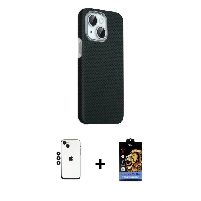 MARSİLYAN™- iPhone 14 Kılıf Kozmos Klasik Prime - Siyah Buffer Hayalet Cam Ekran Koruyucu + Shine Kamera Lens - SH