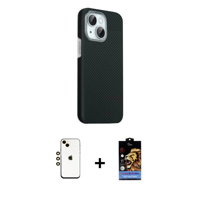 MARSİLYAN™- iPhone 14 Kılıf Kozmos Klasik Prime - Siyah Buffer Hayalet Cam Ekran Koruyucu + Shine Kamera Lens - GD
