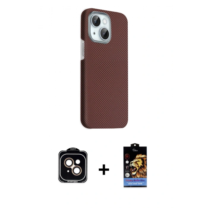 MARSİLYAN™- iPhone 14 Kılıf Kozmos Klasik Prime - Siyah Buffer Hayalet Cam Ekran Koruyucu + Turuncu PVD Metal Kamera Lens