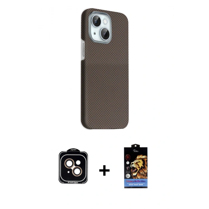 MARSİLYAN™- iPhone 14 Kılıf Kozmos Klasik Prime - Siyah Buffer Hayalet Cam Ekran Koruyucu + Turuncu PVD Metal Kamera Lens