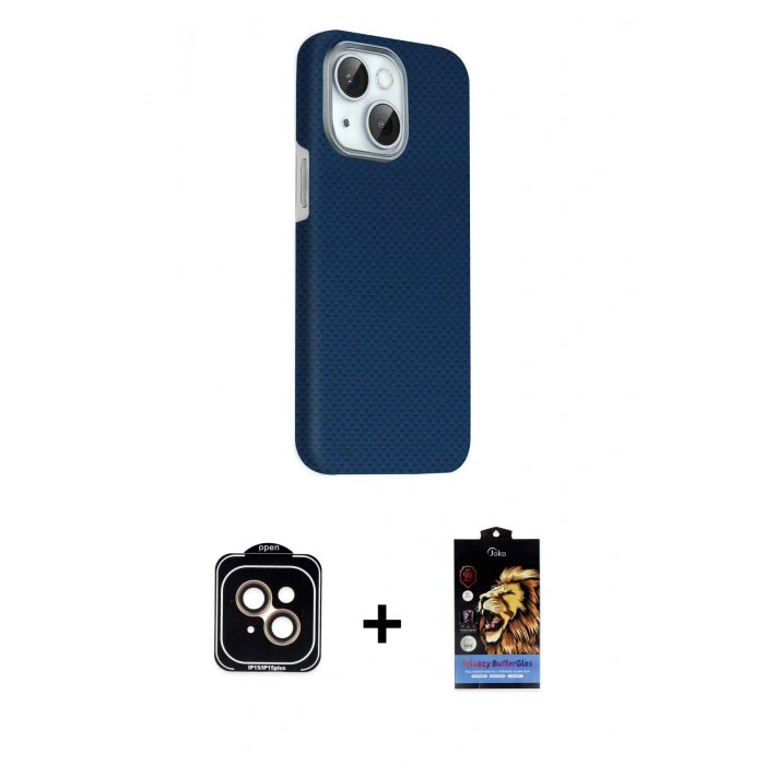 MARSİLYAN™- iPhone 14 Kılıf Kozmos Klasik Prime - Siyah Buffer Hayalet Cam Ekran Koruyucu + Turuncu PVD Metal Kamera Lens