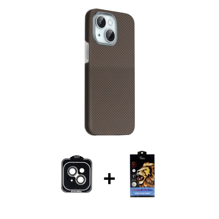 MARSİLYAN™- iPhone 14 Kılıf Kozmos Klasik Prime - Siyah Buffer Hayalet Cam Ekran Koruyucu + PVD Metal Kamera Lens - YL