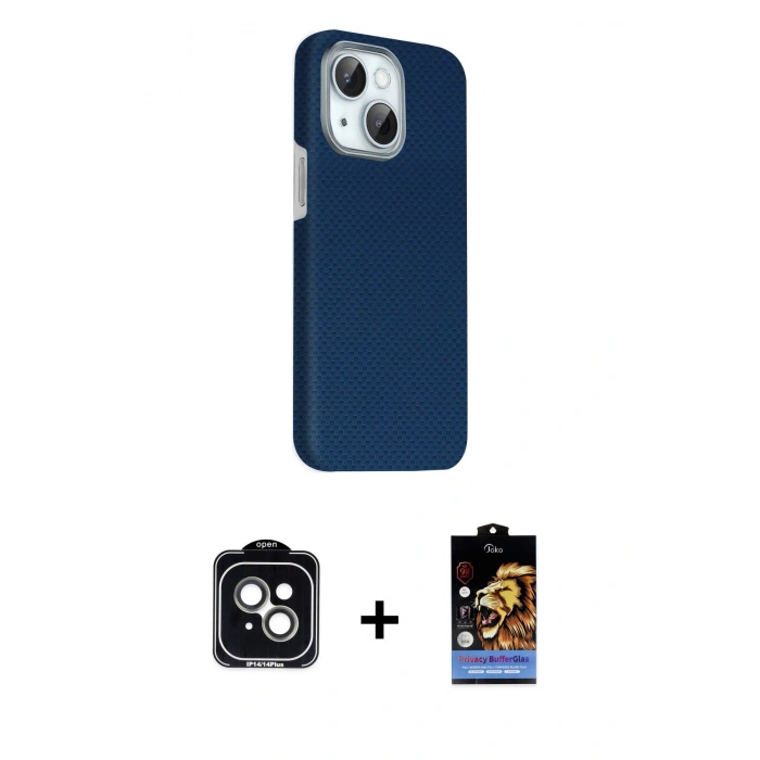 MARSİLYAN™- iPhone 14 Kılıf Kozmos Klasik Prime - Siyah Buffer Hayalet Cam Ekran Koruyucu + PVD Metal Kamera Lens - YL