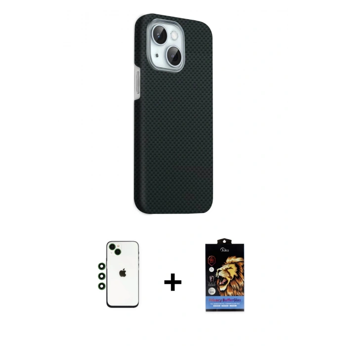 MARSİLYAN™- iPhone 14 Kılıf Kozmos Klasik Prime - Siyah Buffer Hayalet Cam Ekran Koruyucu + Shine Kamera Lens - YL