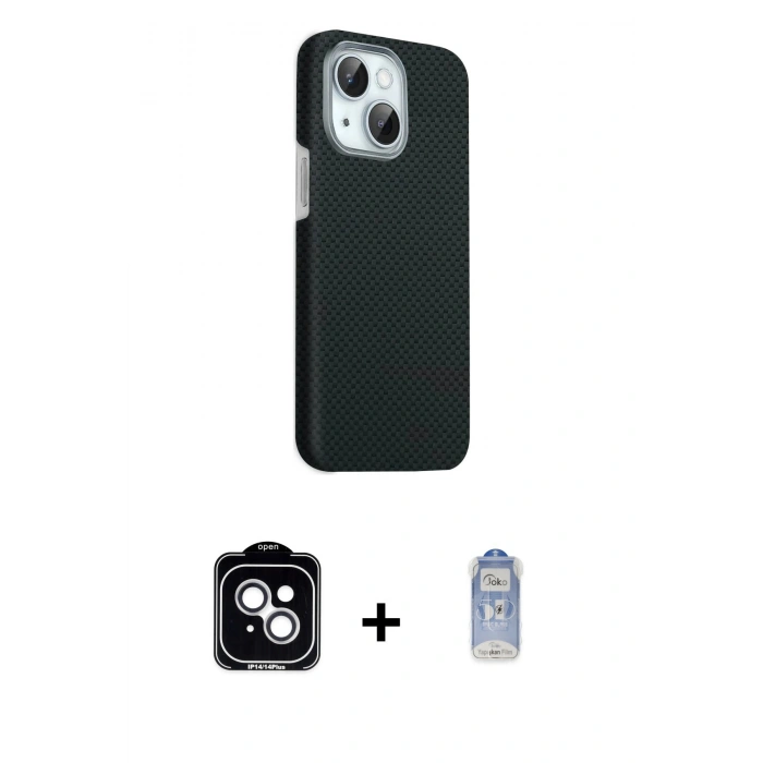 MARSİLYAN™- iPhone 14 Kılıf Kozmos Klasik Prime - Siyah Joko Magic 5D Cam + Gümüş PVD Metal Kamera Lens