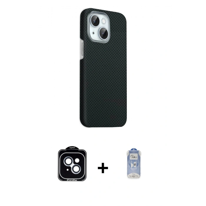 MARSİLYAN™- iPhone 14 Kılıf Kozmos Klasik Prime - Siyah Joko Magic 5D Cam + Mavi PVD Metal Kamera Lens