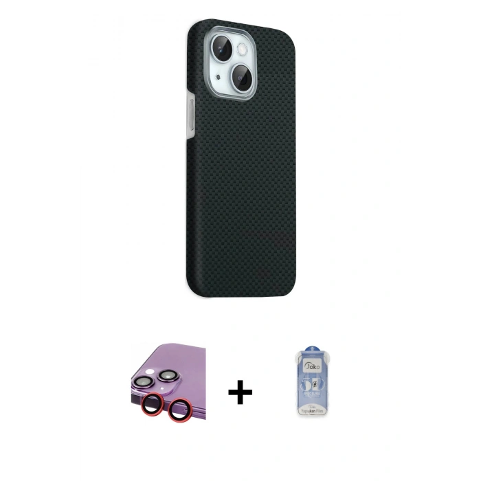 MARSİLYAN™- iPhone 14 Kılıf Kozmos Klasik Prime - Siyah Joko Magic 5D Cam + Raze Metal Kamera Lens - KI