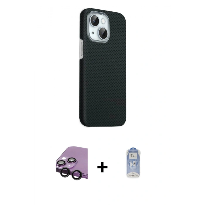 MARSİLYAN™- iPhone 14 Kılıf Kozmos Klasik Prime - Siyah Joko Magic 5D Cam + Raze Metal Kamera Lens - SH