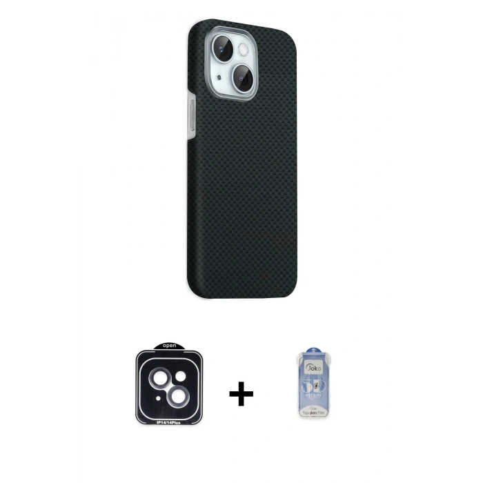 MARSİLYAN™- iPhone 14 Kılıf Kozmos Klasik Prime - Siyah Joko Magic 5D Cam + PVD Metal Kamera Lens - SH