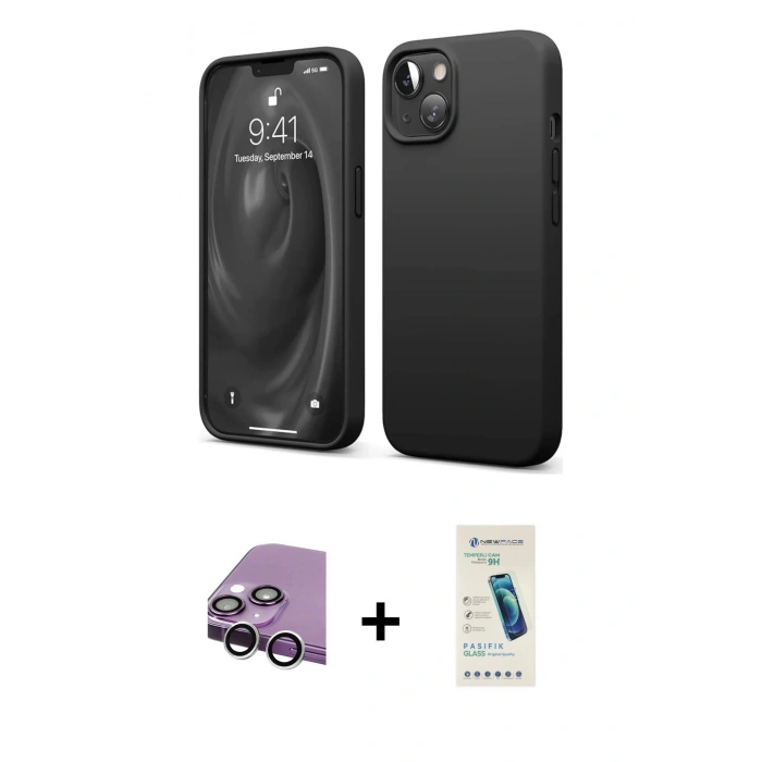 MARSİLYAN™- iPhone 14 Kılıf Kozmos Yansıma Özel Seri - Şeffaf Pasifik Cam Ekran Koruyucu + Gümüş Raze Metal Kamera Lens