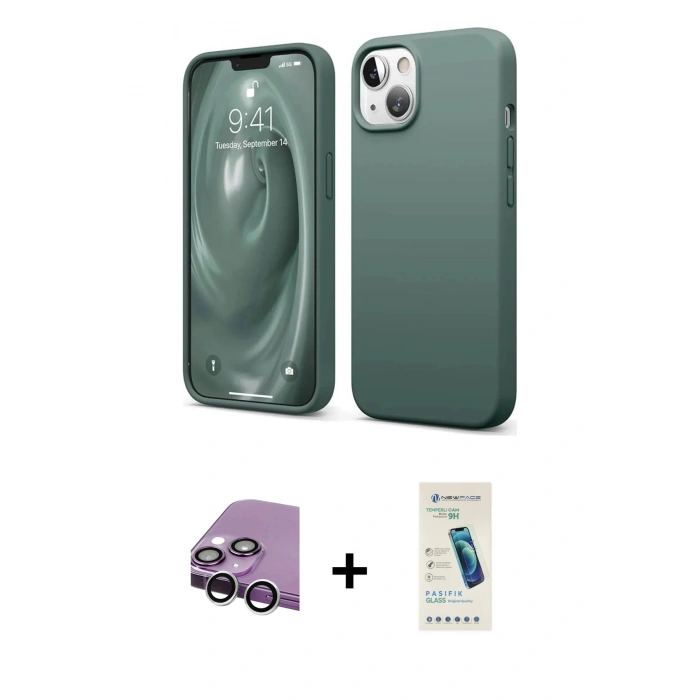 MARSİLYAN™- iPhone 14 Kılıf Kozmos Yansıma Özel Seri - Şeffaf Pasifik Cam Ekran Koruyucu + Gümüş Raze Metal Kamera Lens