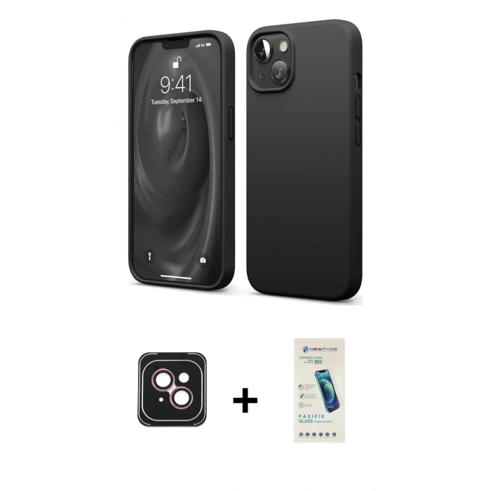 MARSİLYAN™- iPhone 14 Kılıf Kozmos Yansıma Özel Seri - Şeffaf Pasifik Cam Ekran Koruyucu + PVD Metal Kamera Lens - PE