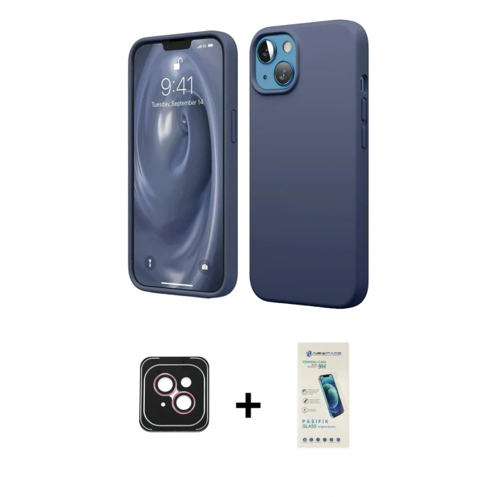 MARSİLYAN™- iPhone 14 Kılıf Kozmos Yansıma Özel Seri - Şeffaf Pasifik Cam Ekran Koruyucu + PVD Metal Kamera Lens - PE