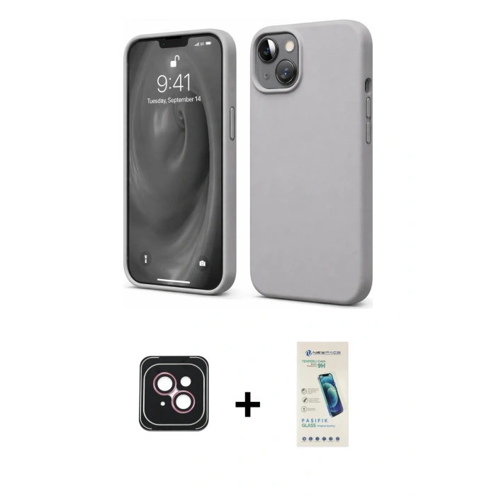 MARSİLYAN™- iPhone 14 Kılıf Kozmos Yansıma Özel Seri - Şeffaf Pasifik Cam Ekran Koruyucu + PVD Metal Kamera Lens - PE