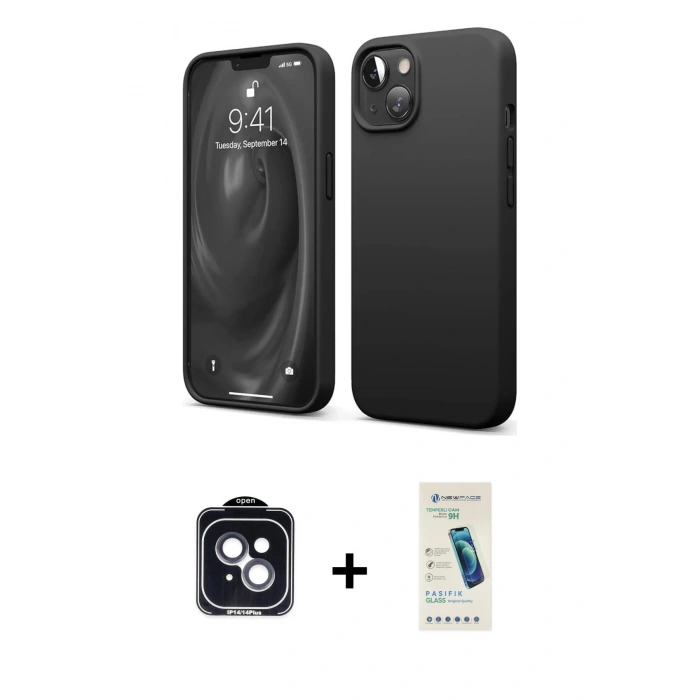 MARSİLYAN™- iPhone 14 Kılıf Kozmos Yansıma Özel Seri - Şeffaf Pasifik Cam Ekran Koruyucu + Siyah PVD Metal Kamera Lens