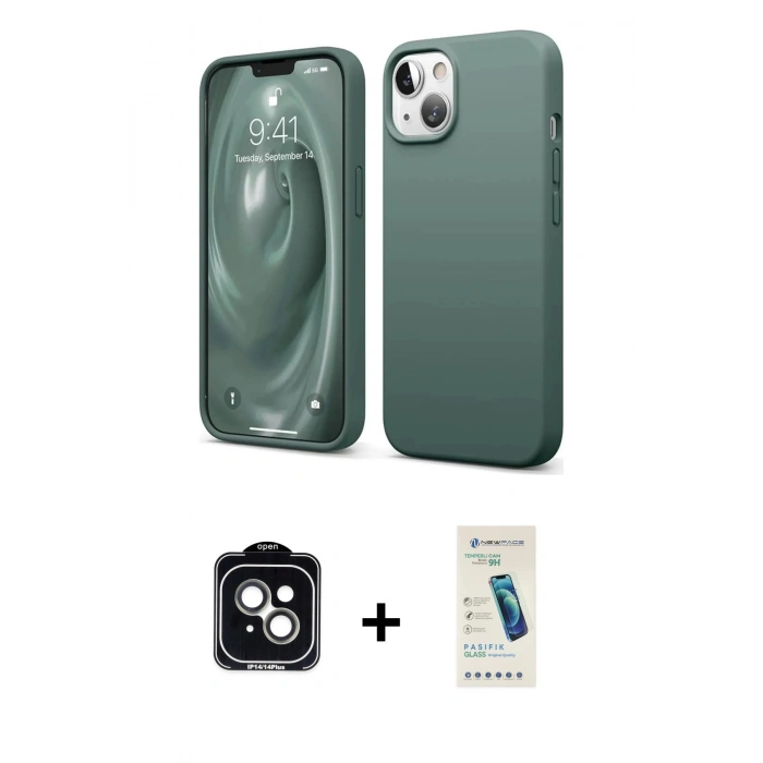 MARSİLYAN™- iPhone 14 Kılıf Kozmos Yansıma Özel Seri - Şeffaf Pasifik Cam Ekran Koruyucu + PVD Metal Kamera Lens - YL