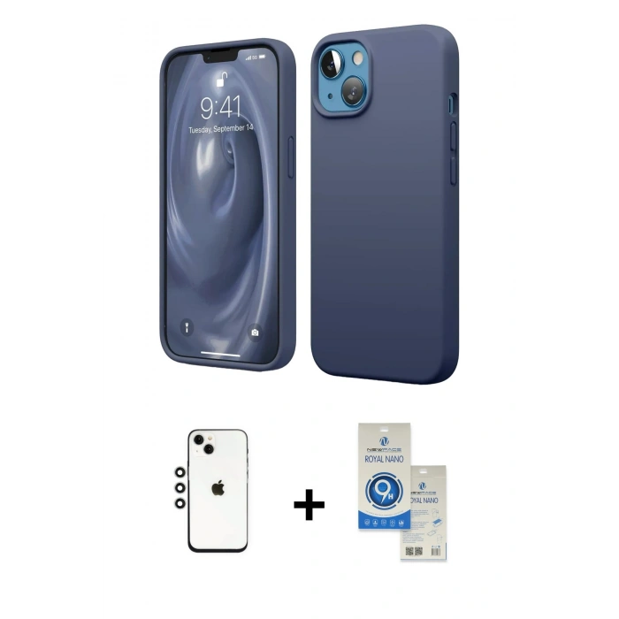 MARSİLYAN™- iPhone 14 Kılıf Kozmos Yansıma Özel Seri - Şeffaf Royal Nano Ekran Koruyucu + Shine Kamera Lens - GS