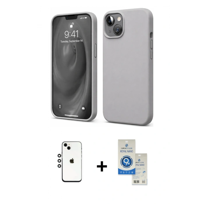 MARSİLYAN™- iPhone 14 Kılıf Kozmos Yansıma Özel Seri - Şeffaf Royal Nano Ekran Koruyucu + Shine Kamera Lens - GS
