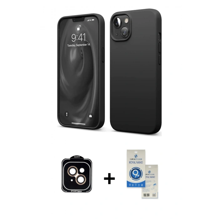 MARSİLYAN™- iPhone 14 Kılıf Kozmos Yansıma Özel Seri - Şeffaf Royal Nano Ekran Koruyucu + PVD Metal Kamera Lens - TU
