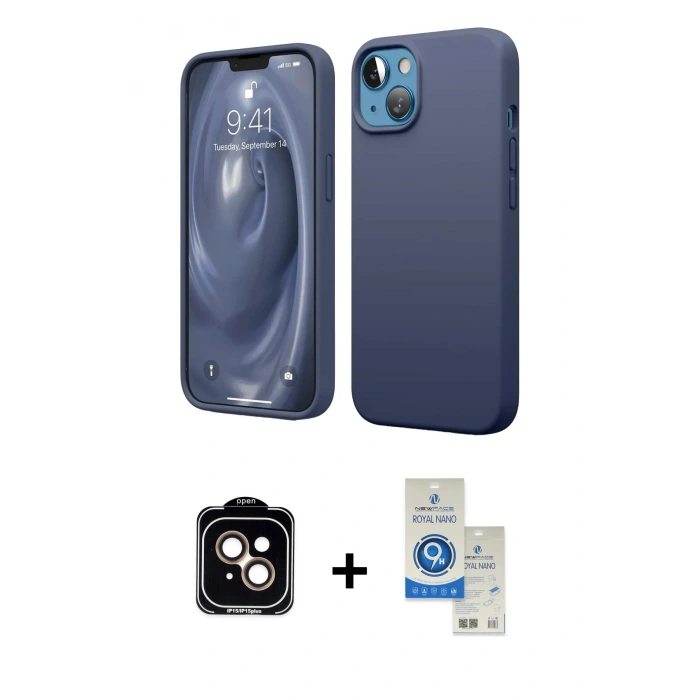 MARSİLYAN™- iPhone 14 Kılıf Kozmos Yansıma Özel Seri - Şeffaf Royal Nano Ekran Koruyucu + PVD Metal Kamera Lens - TU