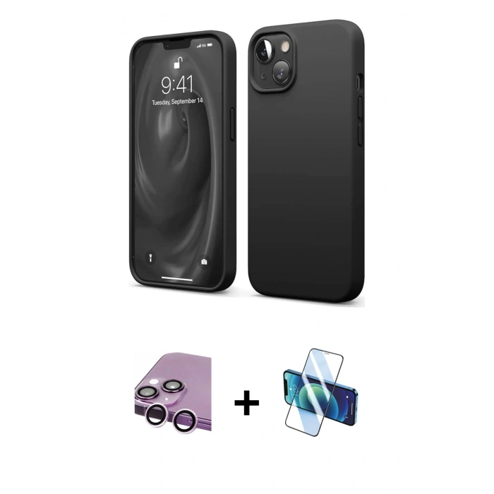 MARSİLYAN™- iPhone 14 Kılıf Kozmos Yansıma Özel Seri - Siyah 3D Antistatik Cam Ekran Koruyucu + Mor Raze Metal Kamera Lens