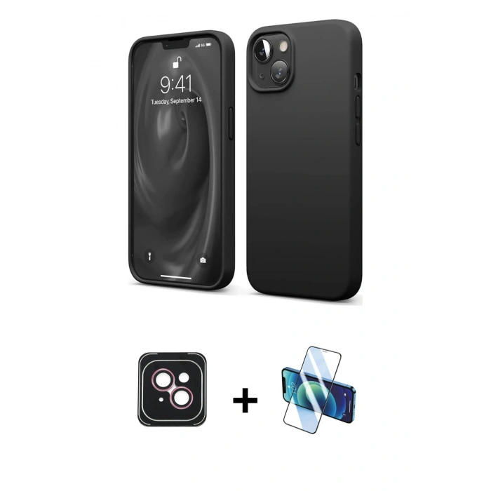 MARSİLYAN™- iPhone 14 Kılıf Kozmos Yansıma Özel Seri - Siyah 3D Antistatik Cam Ekran Koruyucu + PVD Metal Kamera Lens - PE