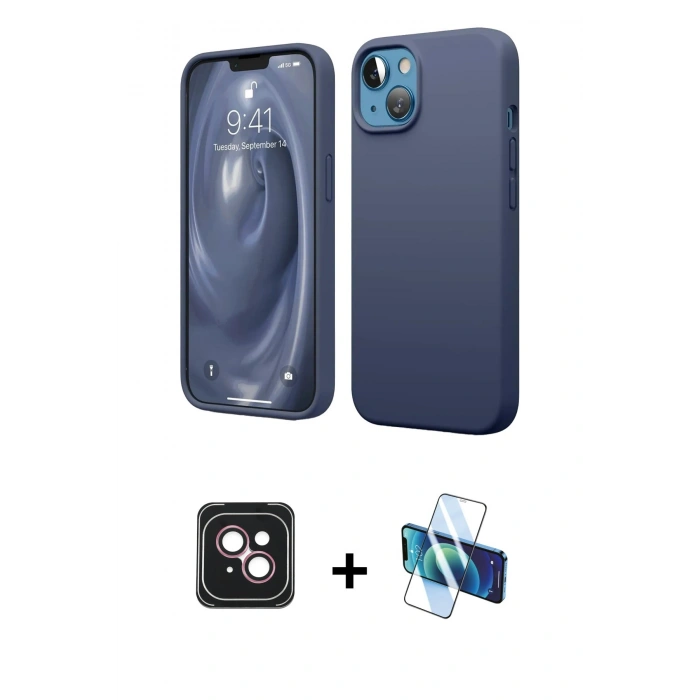 MARSİLYAN™- iPhone 14 Kılıf Kozmos Yansıma Özel Seri - Siyah 3D Antistatik Cam Ekran Koruyucu + PVD Metal Kamera Lens - PE