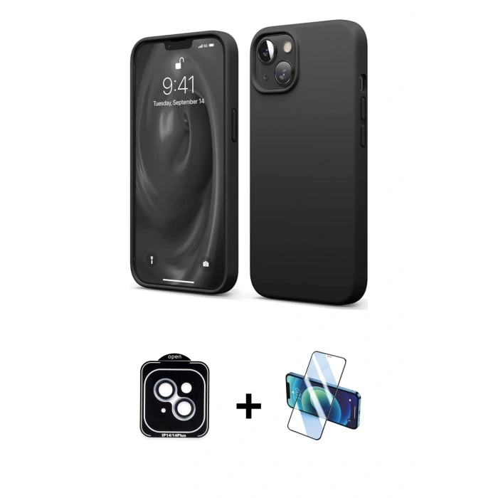 MARSİLYAN™- iPhone 14 Kılıf Kozmos Yansıma Özel Seri - Siyah 3D Antistatik Cam Ekran Koruyucu + PVD Metal Kamera Lens - MI