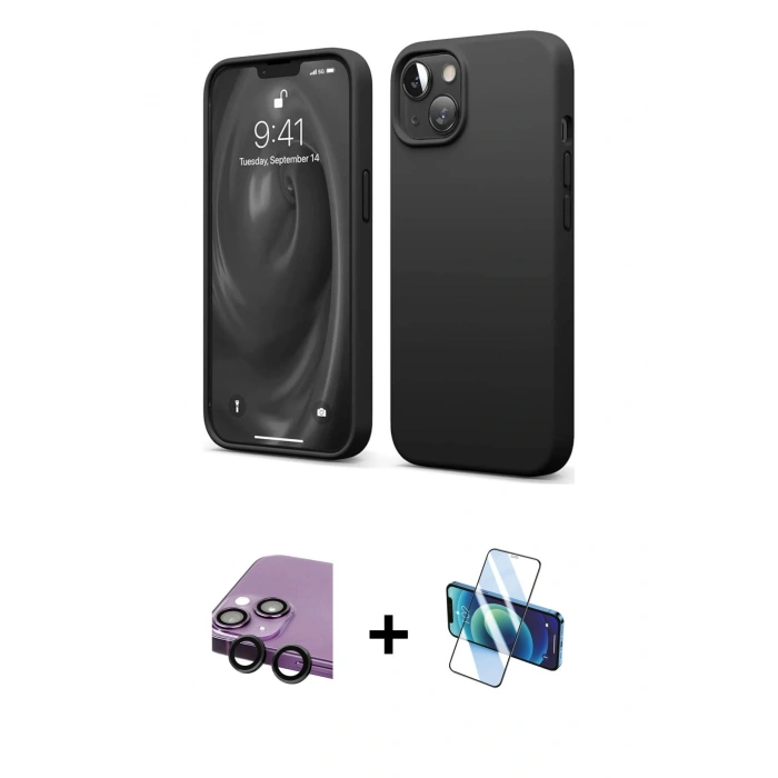 MARSİLYAN™- iPhone 14 Kılıf Kozmos Yansıma Özel Seri - Siyah 3D Antistatik Cam Ekran Koruyucu + Raze Metal Kamera Lens - SH