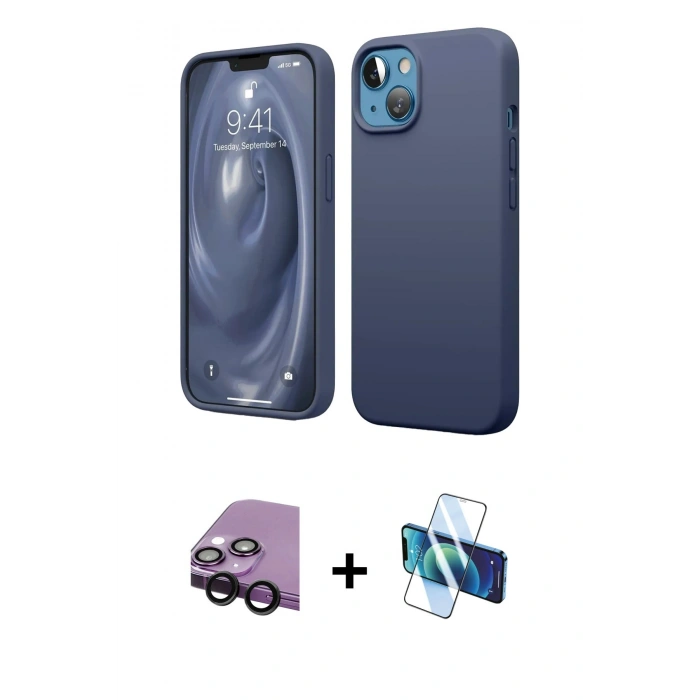 MARSİLYAN™- iPhone 14 Kılıf Kozmos Yansıma Özel Seri - Siyah 3D Antistatik Cam Ekran Koruyucu + Raze Metal Kamera Lens - SH