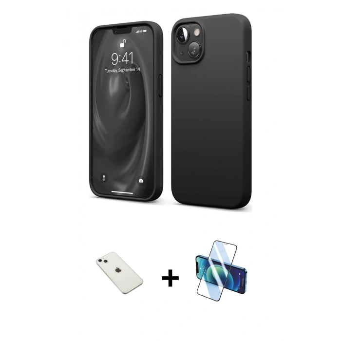 MARSİLYAN™- iPhone 14 Kılıf Kozmos Yansıma Özel Seri - Siyah 3D Antistatik Cam Ekran Koruyucu + Diamond Kamera Lens - SABE