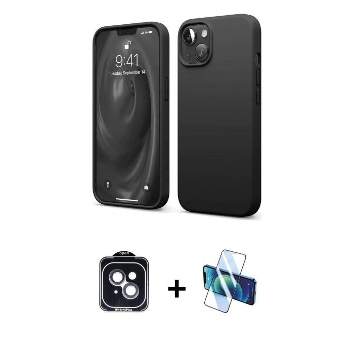 MARSİLYAN™- iPhone 14 Kılıf Kozmos Yansıma Özel Seri - Siyah 3D Antistatik Cam Ekran Koruyucu + PVD Metal Kamera Lens - SH