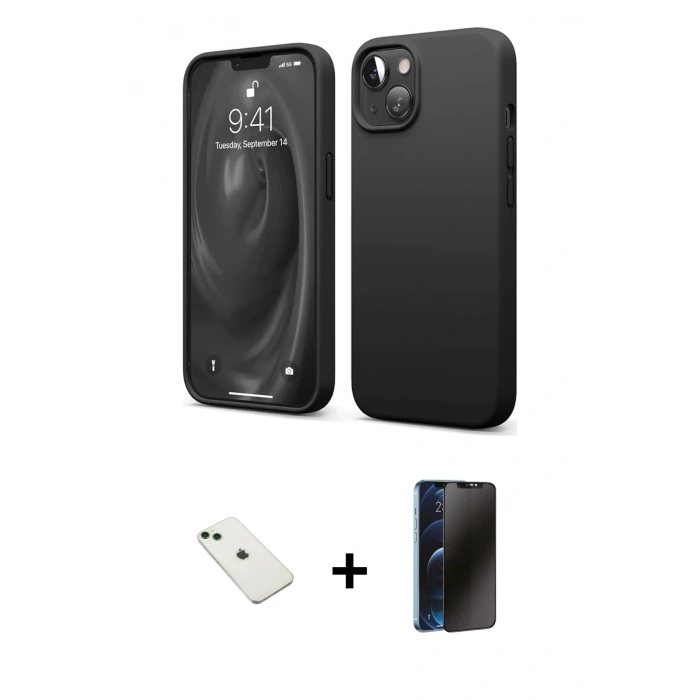 MARSİLYAN™- iPhone 14 Kılıf Kozmos Yansıma Özel Seri - Siyah 3D Antistatik Hayalet Cam Ekran Koruyucu + Diamond Kamera Lens - YL
