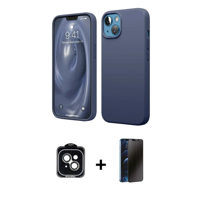 MARSİLYAN™- iPhone 14 Kılıf Kozmos Yansıma Özel Seri - Siyah 3D Antistatik Hayalet Cam Ekran Koruyucu + PVD Metal Kamera Lens - YL