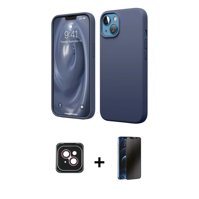 MARSİLYAN™- iPhone 14 Kılıf Kozmos Yansıma Özel Seri - Siyah 3D Antistatik Hayalet Cam Ekran Koruyucu + PVD Metal Kamera Lens - PE